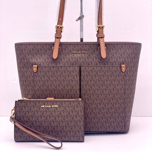 Michael Kors Handbags - Michael Kors Double Pocket Tote Shoulder Bag And Wallet Set Brown